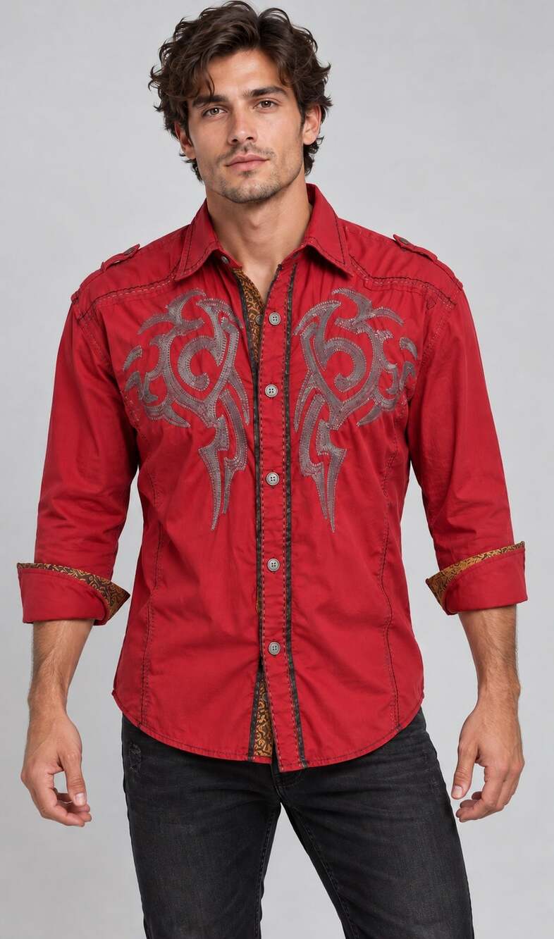 Montero Black Label Shirt Mens Medium Red Embroidered Western Y2K Gothic Rocker
